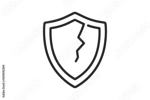 Cracked shield icon for security risk and vulnerability. Broken protection symbol for data breach concept. Unsafe system metaphor. Weak defense, danger, and privacy failure sign.