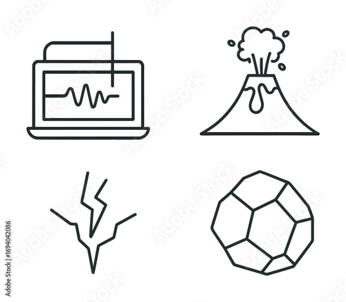 Seismograph volcano earthquake crack and geode line art icons set