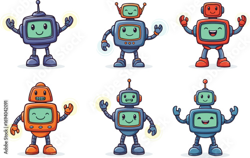 Cartoon robot characters with green screen faces, colorful bodies, smiling expressions, and raised arms for kids, mascot, tech, and AI themes