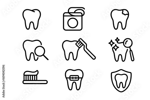 Dentistry line icon set. Dental care outline symbols for web design and apps. Oral hygiene, tooth treatment, caries, braces, cleaning, and floss vector pictograms.