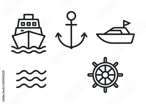 Nautical icon set featuring ship, anchor, boat, waves, and ship wheel