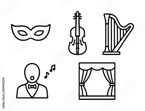 Opera icons: mask, violin, harp, singer, theater stage symbols in black and white