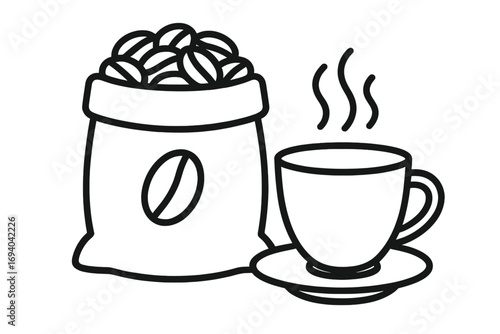 Coffee cup and bean bag icon. Hot drink symbol for cafe menu. Vector outline illustration of espresso, cappuccino, caffeine beverage for morning break. Minimalist line art.
