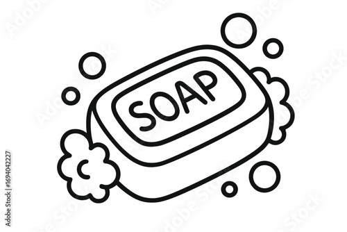Soap bar with bubbles line art icon. Simple vector cartoon drawing for hygiene, washing, and cleanliness concepts. Isolated linear symbol for skincare, bath, shower, and web.