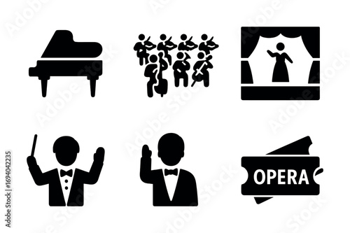 Black and white musical performance icons with orchestra, conductor, pianist, and opera elements