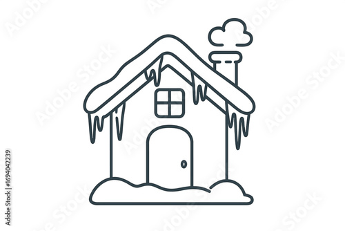 Minimalistic winter house icon with snow, icicles, chimney smoke, cozy cabin outline, cold weather symbol, vector cartoon illustration for graphics and app design