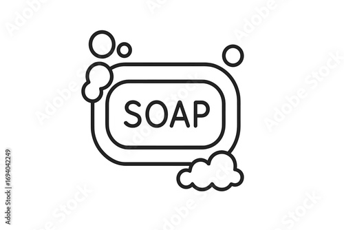 Soap bar line icon with bubbles. Cleanliness and hygiene concept. Simple outline vector for washing hands, personal care, sanitation. Minimal pictogram for web, app design.