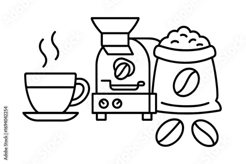 Coffee roasting process outline icon set. Vector graphic of roaster machine, sack of beans, and hot coffee cup. For cafe menus, packaging, websites, and beverage advertising.