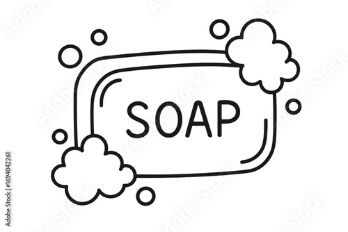 Soap bar with foam and bubbles outline icon. Hygiene, cleanliness, and hand washing concept. Personal care, sanitary, and disinfection symbol. Simple linear vector illustration.