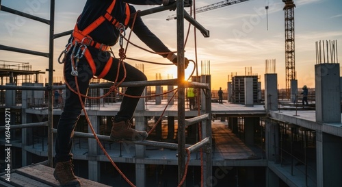 Worker ascends scaffolding on a construction site at sunset, wearing safety harness