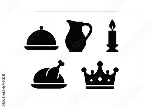 Set of silhouette icons: dining and royal symbols with chicken, jug, candle, serving dish, crown