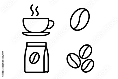 Coffee line icon set. Roasted coffee beans, hot espresso cup, drink package. Vector graphic elements for cafe menu, logo design, morning beverage, caffeine, barista symbol.