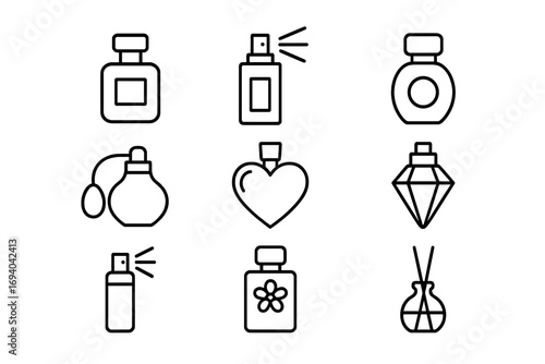 Set of Minimalistic Linear Perfume Bottle Icons. Elegant Black Outline Pictograms for Web, Graphic Design, Apps, Banners, Social Media, Cards, and Digital Use with Various Fragrance Styles