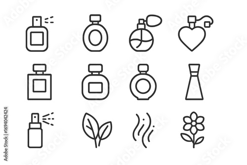 Minimalistic line icons of perfume bottles and scent symbols, elegant linear pictograms for web design, apps, banners, social media, cards, beauty and fragrance concept