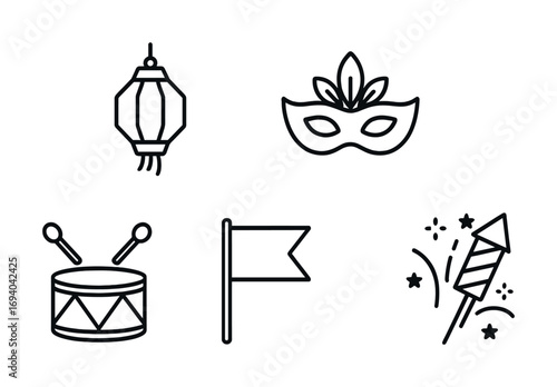 Black and white icons of lantern, mask, drum, flag, and firework illustration