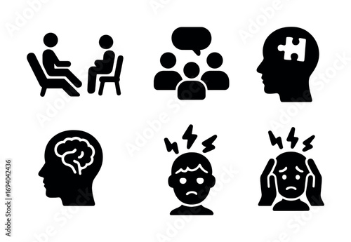 Mental health counseling therapy session and psychological support icons