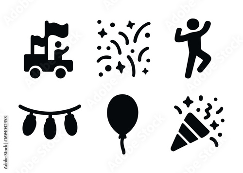 Celebration icons: parade, fireworks, dance, string lights, balloon, party popper