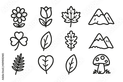 Nature and parks icon set with flowers, leaves, mountains, mushroom symbols. Vector cartoon illustration collection for graphics, apps, concept designs, environment, outdoor elements