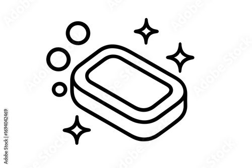 Soap bar line icon with bubbles and sparkles. Cleanliness and hygiene concept. Vector illustration for personal care, washing hands, body care, and bathroom products.