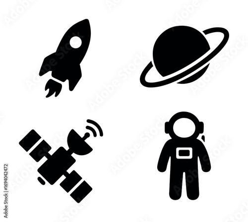 Space exploration icons: rocket, planet, satellite, astronaut