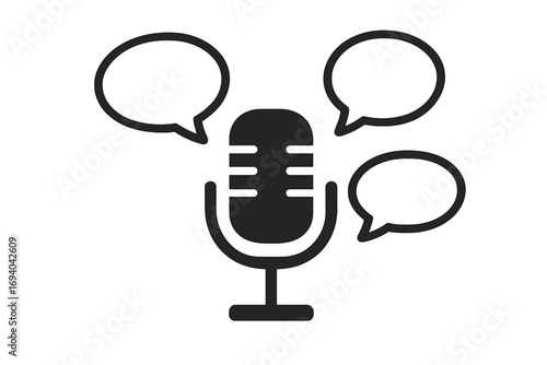 Microphone with speech bubbles vector icon. Concept for podcast, interview, broadcast, voice recording, talk show. Symbol for communication, dialogue, discussion, audio. Flat design pictogram.