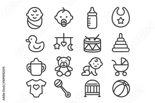 Newborn and Baby Icons Collection, Editable Stroke Vector Set for Websites, Books, Cards, Apps, Thin Line Cartoon Style, Transparent Background, Nursery and Infant Care Symbols