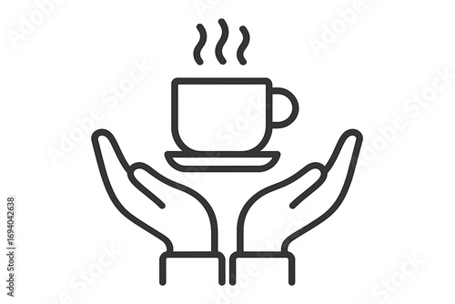 Hands holding coffee cup icon. Morning tea symbol. Offering a warm drink gesture. Hospitality concept for cafe menu, web design, apps. Vector outline illustration pictogram.