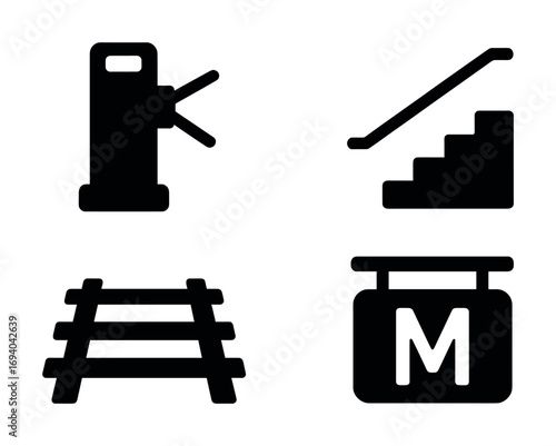 Subway symbols: turnstile, escalator, tracks, metro sign icons for public transport