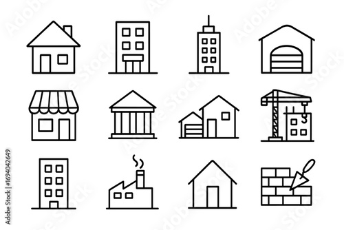 Building and construction line icon set. Real estate and property symbols. Vector collection of house, office, factory, store, bank icons for web design and mobile apps.