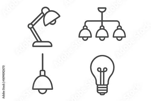 Minimalistic Linear Icon Collection of Lighting Fixtures and Bulb, Desk Lamp, Ceiling Pendant Lamp, Chandelier Vector Illustration for Web, Apps, Banners, Social Media Designs