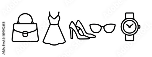 Fashion icons collection featuring dress, handbag, shoes, glasses, and watch