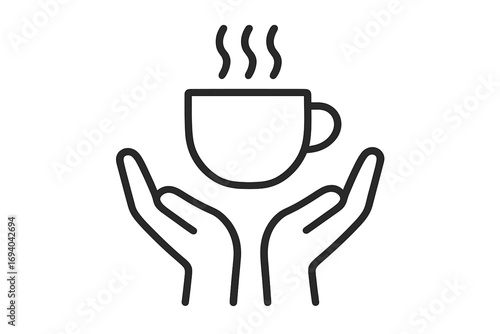 Hands holding a hot coffee or tea cup. Symbol of care, warmth, comfort, and donation. Vector line icon for charity, support, and coffee break. Minimalist graphic illustration.