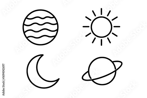 Cosmic line icons pack with planet, sun, moon, and Saturn ring symbols. Simple outline vector set for graphic design, web apps, advertising, and space-themed cards.