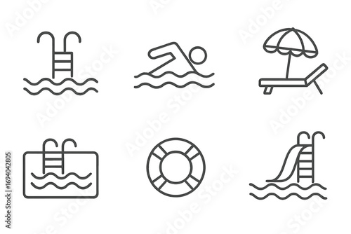 Minimalist swimming pool line icons set with ladder, swimmer, lounge chair, lifesaver ring, and water slide. Linear pictogram design for web, apps, banners, social media, and cards.