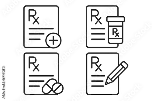Medical prescription Rx outline icons. Doctor recipe, medication, pills, drug bottle. Healthcare treatment, pharmacy concept. Simple linear vector illustration for web, apps.