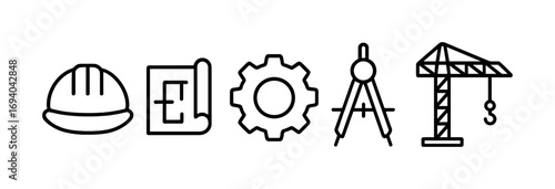 Construction tools icons: hard hat, blueprint, gear, compass, crane