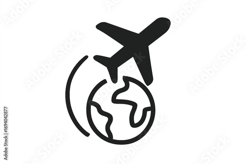 Minimalistic airplane icon flying over earth globe vector, linear flight symbol for travel, tourism, international transportation, world map, aviation apps and web graphics