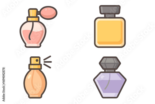 Perfume bottle vector icon set. Fragrance spray, atomizer, and luxury cosmetic flacon collection. Cartoon graphic symbol for beauty, fashion, and web design concepts.