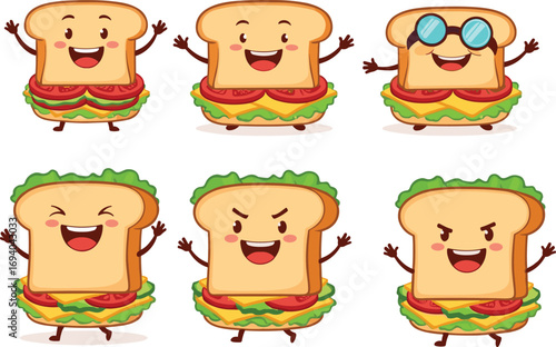 Cartoon sandwich characters with bread, lettuce, tomato, cheese, arms, legs, and expressive faces for kids, food, and mascot design
