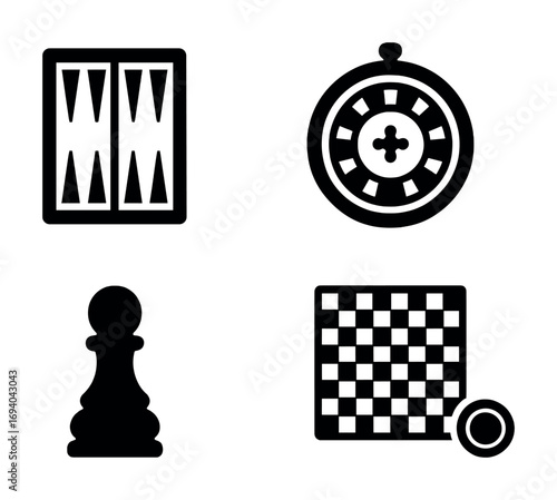 Icons of board games including backgammon, roulette, chess, and checkers