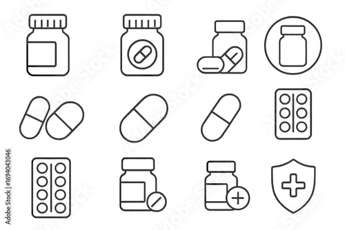 Medicine and pharmacy icon set. Pills, capsules, tablets, and drug bottle line icons. Healthcare, medical treatment, and vitamin supplement symbols. Editable stroke vector graphics.