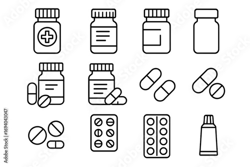 Medicine line icon set. Pharmacy, pills, tablets, capsules, drug bottle. Medical healthcare symbols. Prescription medication and treatment concept. Pharmaceutical vector icons.