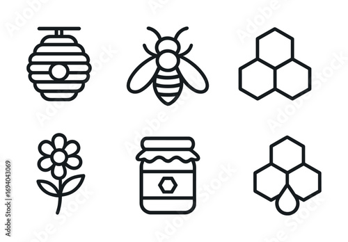 Honeycomb and beekeeping icons: hive, bee, honey, flower, hexagons