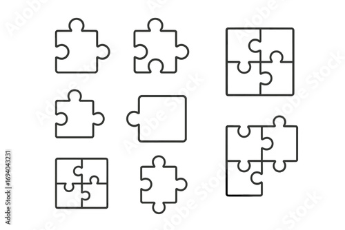 Puzzle outline icon collection, editable stroke vector set for infographics, articles, books, flyers, banners, cartoon style transparent background, jigsaw pieces design