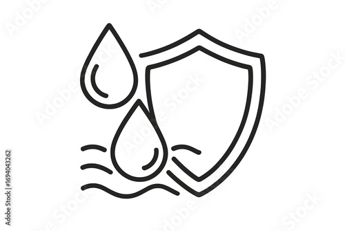 Waterproof icon. Shield protection logo. Water resistant symbol. Liquid proof concept. Hydrophobic surface. Water repellent technology. Safety security defense. Vector line.