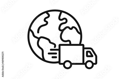 Global delivery truck icon with planet Earth outline, minimalistic vector illustration for web, apps, logistics, shipping, e-commerce, transport, and business design
