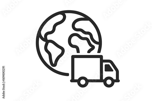 Minimalistic planet Earth with delivery truck icon, global shipping and worldwide logistics symbol, ecommerce delivery concept, web graphic design, app banner vector illustration