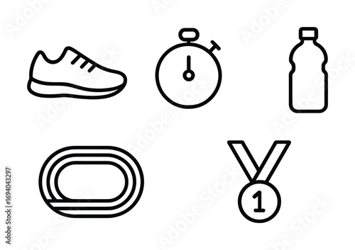Athletic icons: running shoe, stopwatch, water bottle, track, and medal