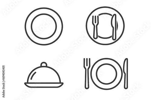 Minimalistic plate line icon collection, linear pictogram set for web, graphic design, apps, banners, social media, cards, dining, food service, kitchen utensils, cooking concepts