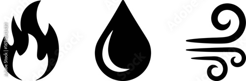 Simple icons representing the four elements: fire, water, air, and earth.